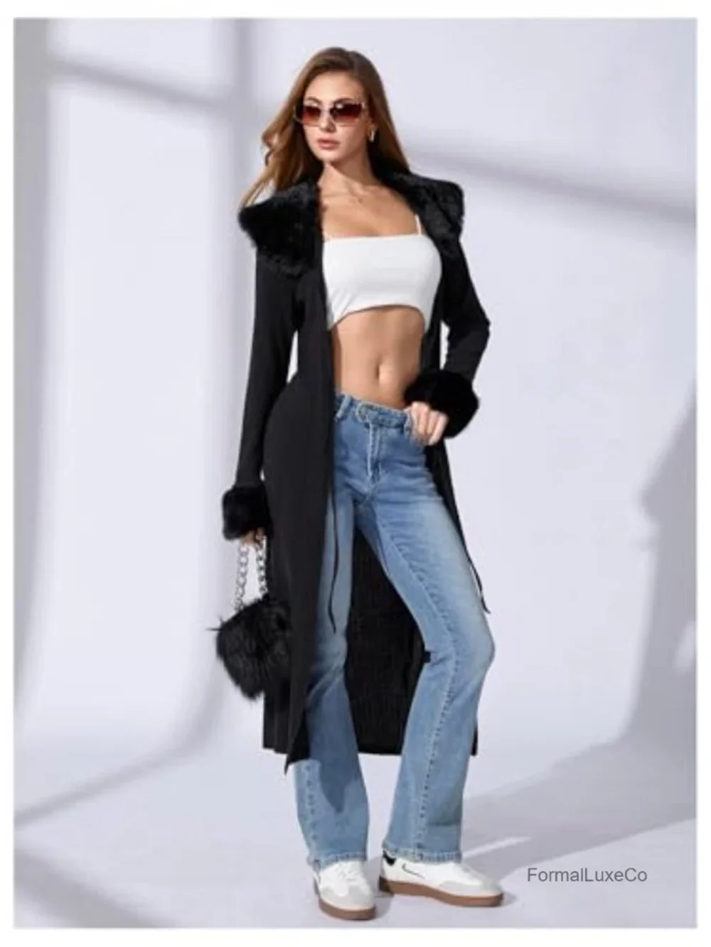 Y2K Long Cardigan with Faux Fur Trim Open Front Knit Sweater